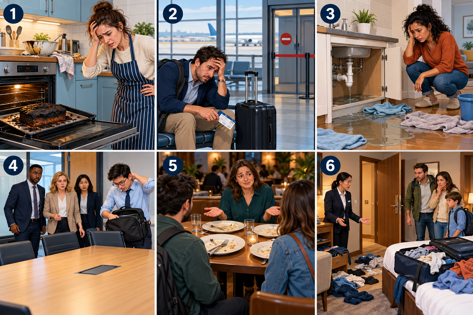 Six mystery results: a burned cake, a missed flight, a flooded kitchen, an empty meeting, finished dinner plates, and a messy hotel room