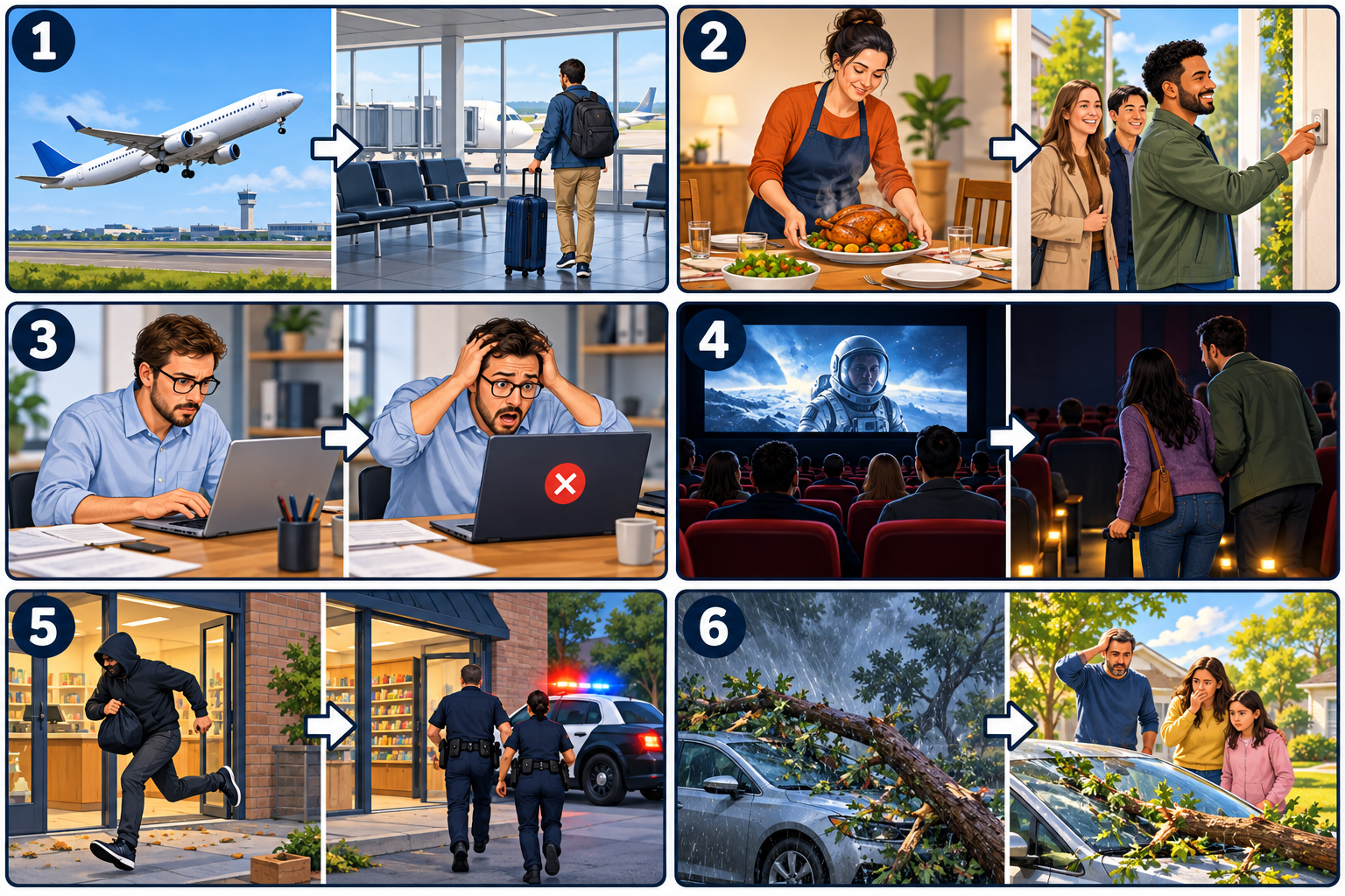 Six two-part picture sequences: an airport, dinner, a computer problem, a cinema, a shop theft, and storm damage