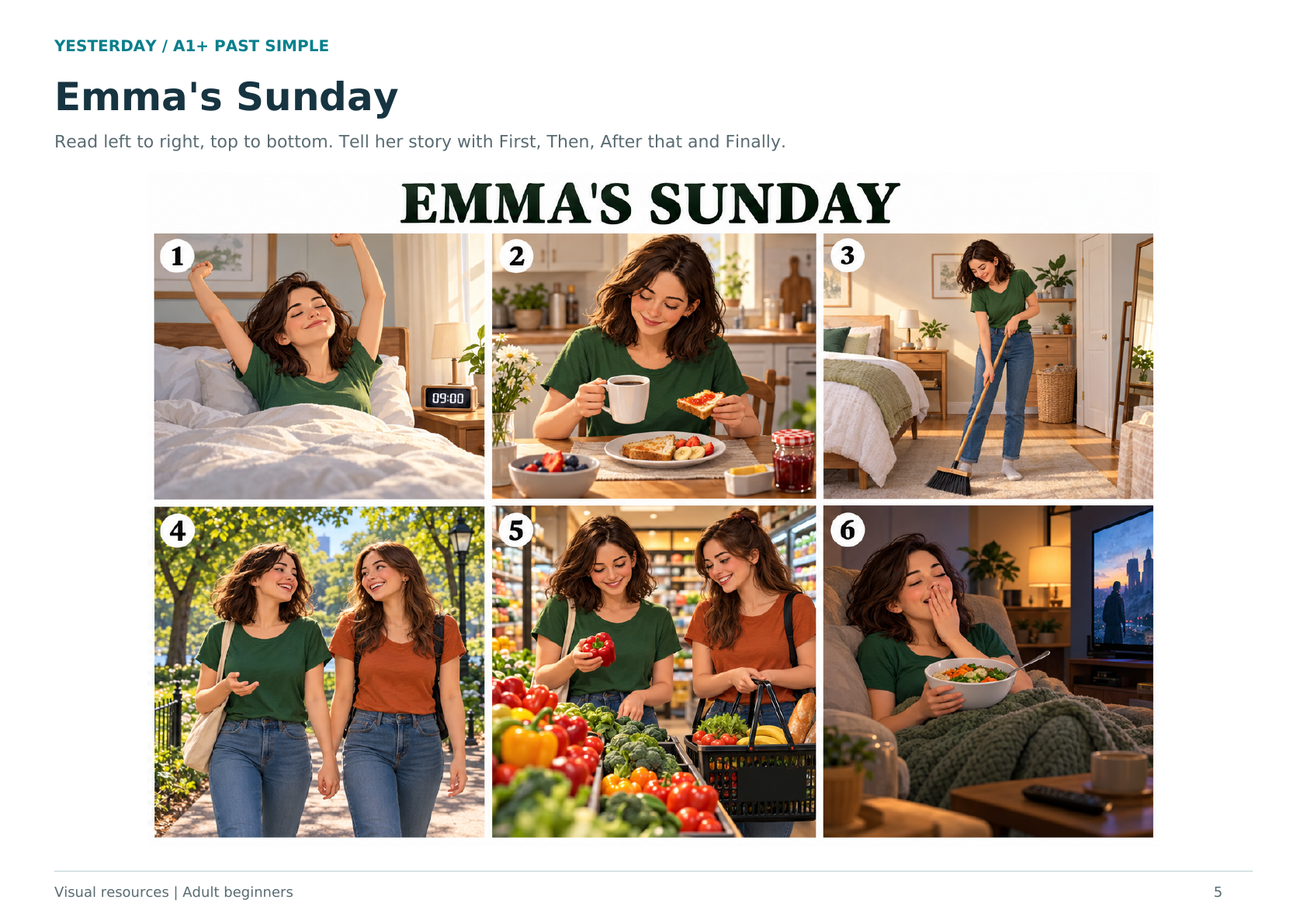 Six picture sequence showing Emma waking up, having breakfast, cleaning her room, walking in the park, shopping, and watching a movie