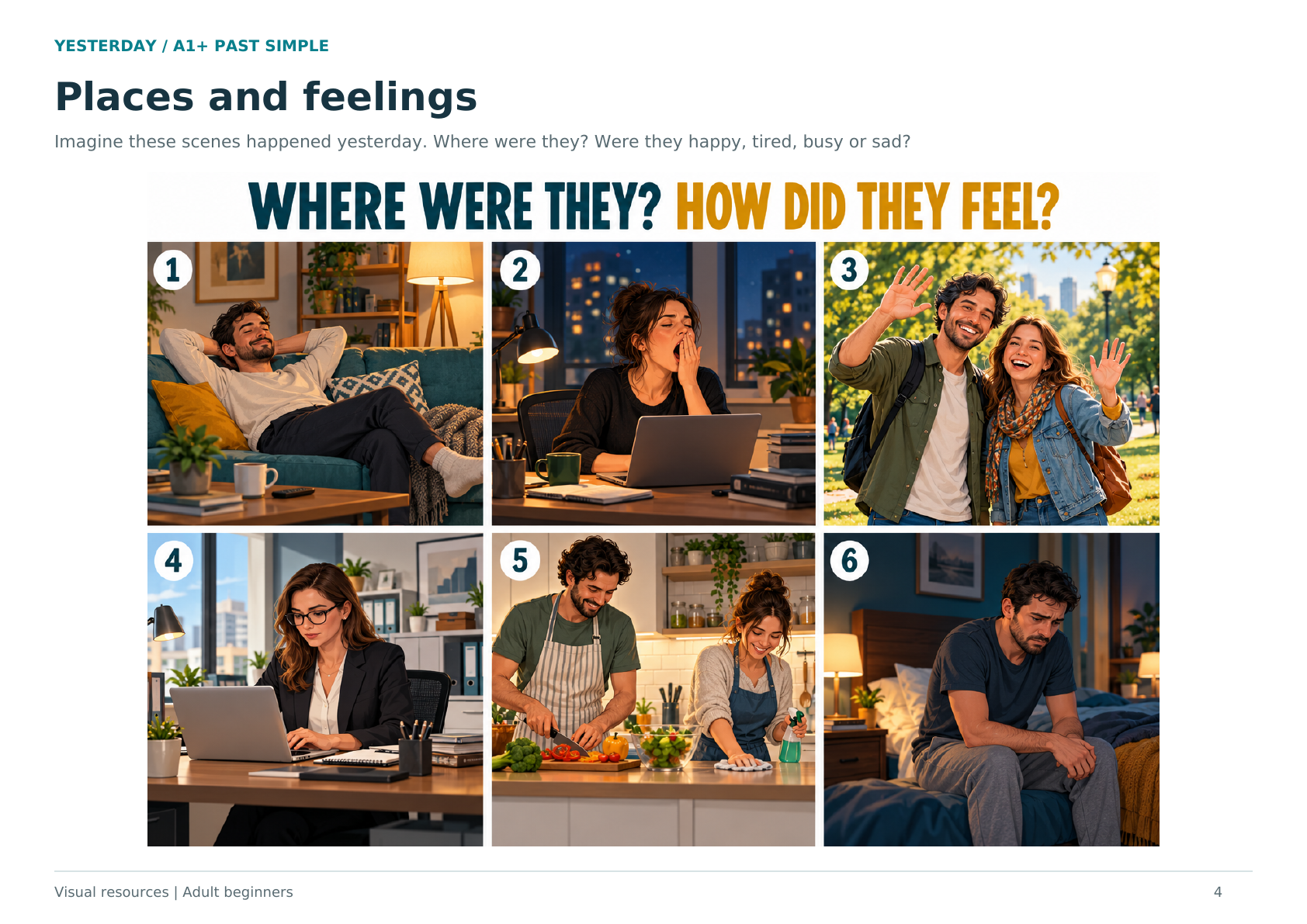 Six scenes for describing where people were and how they felt yesterday