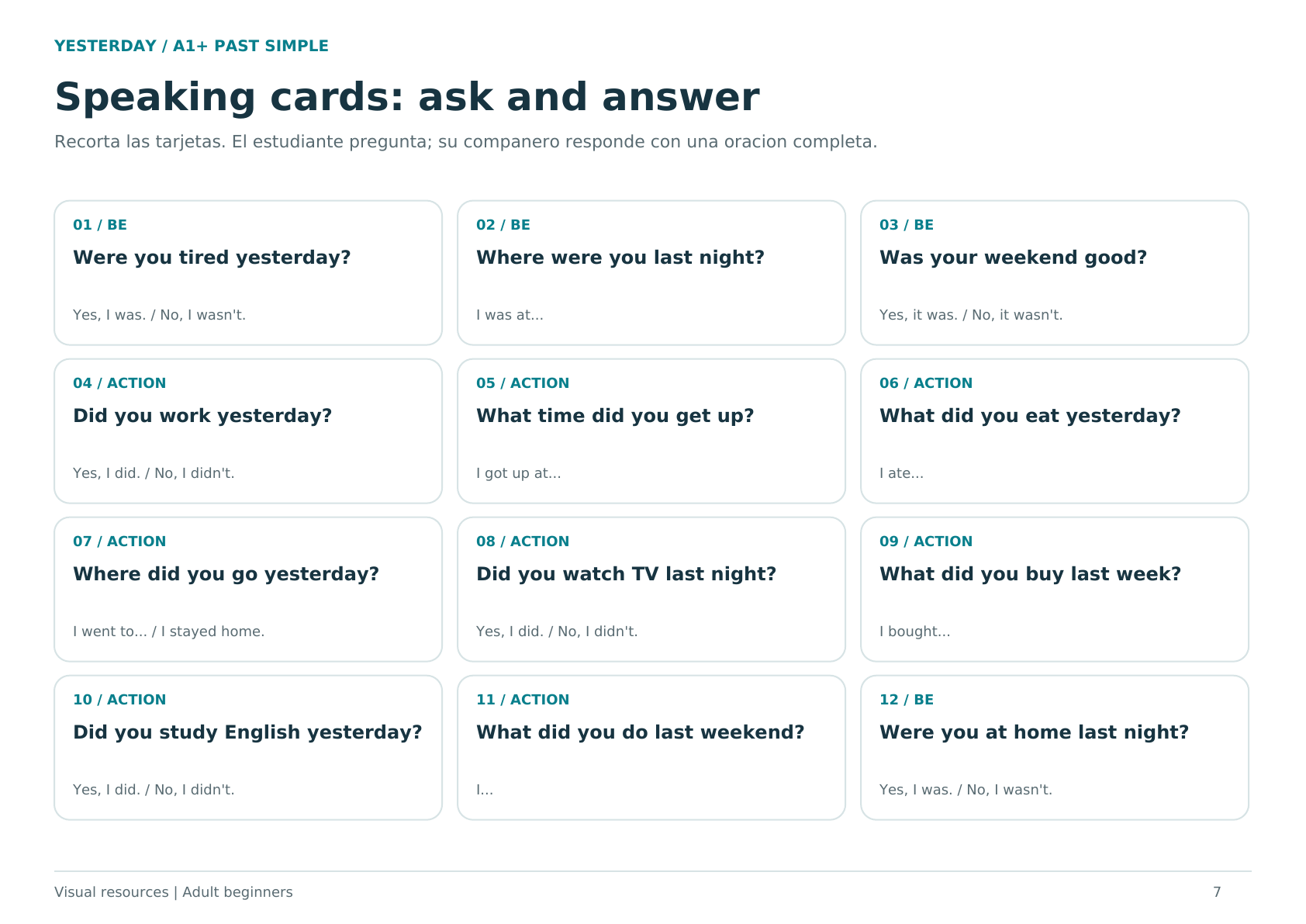 Twelve conversation cards with past simple questions about feelings, places, work, food, and activities