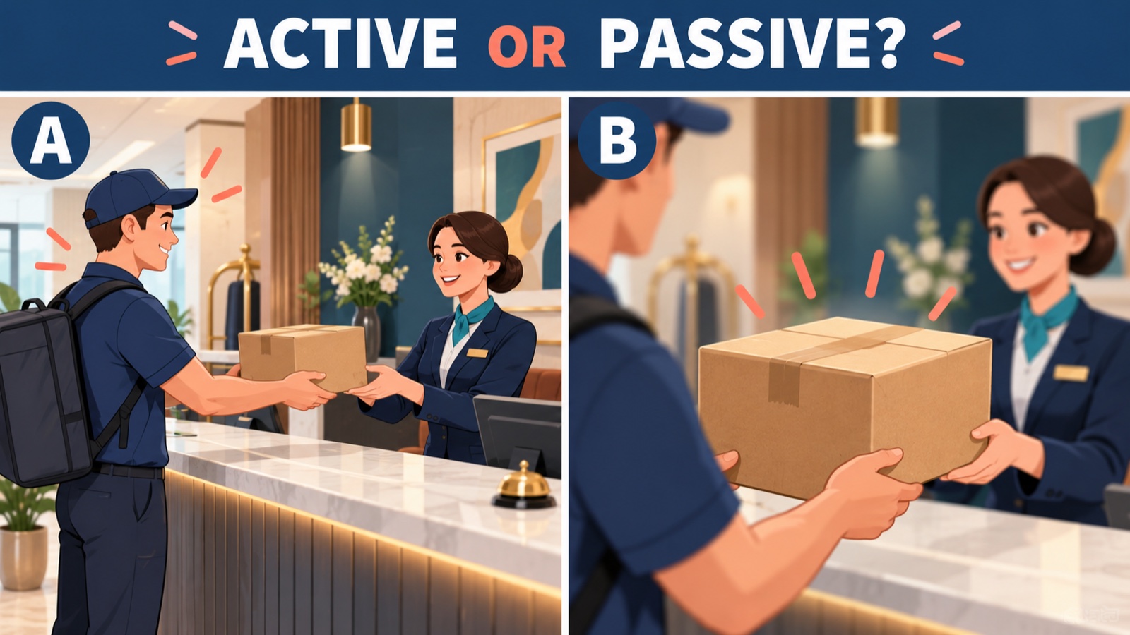 A courier delivers a package to a hotel receptionist