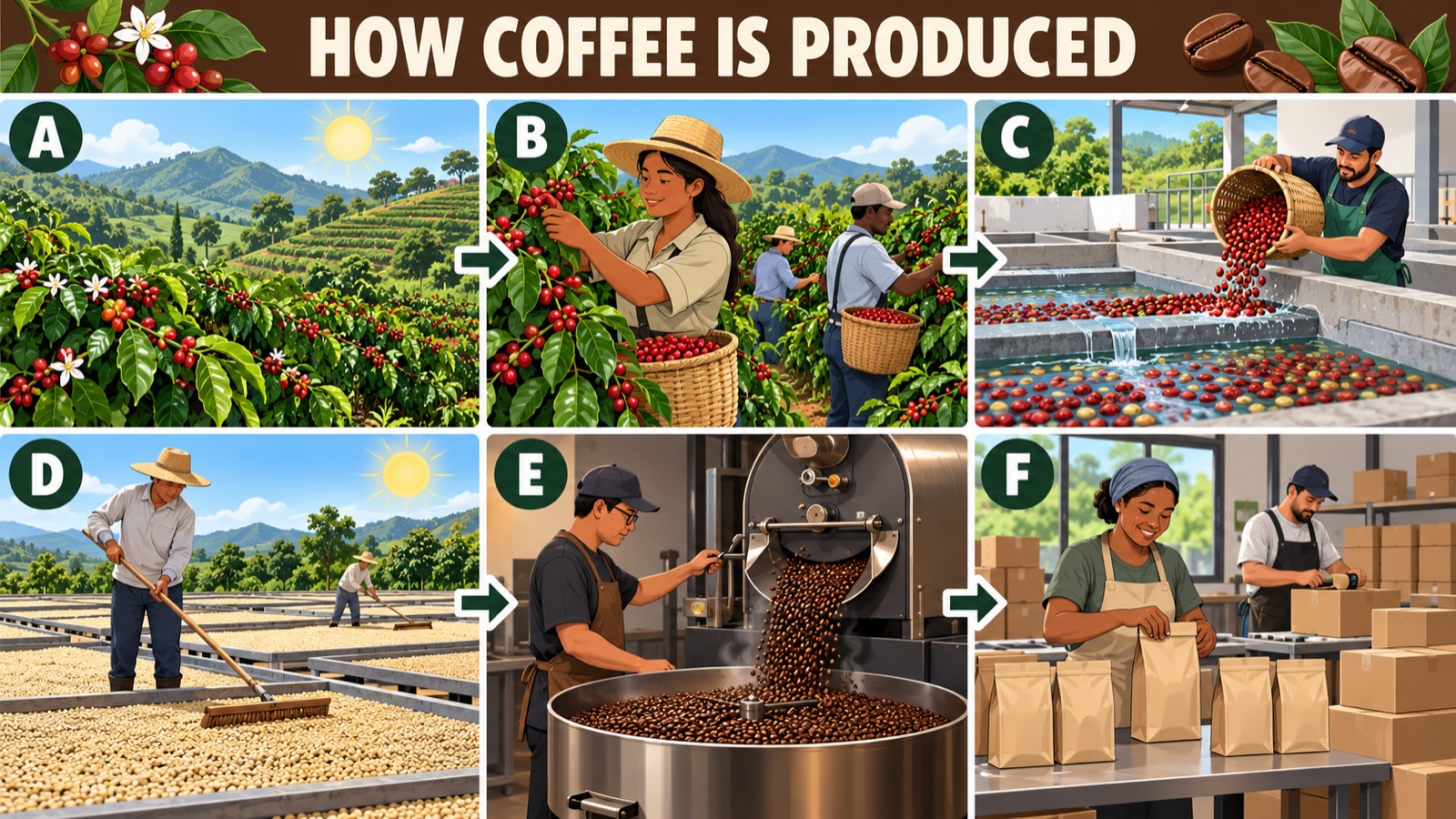 Six stages showing how coffee is grown, picked, washed, dried, roasted and packed
