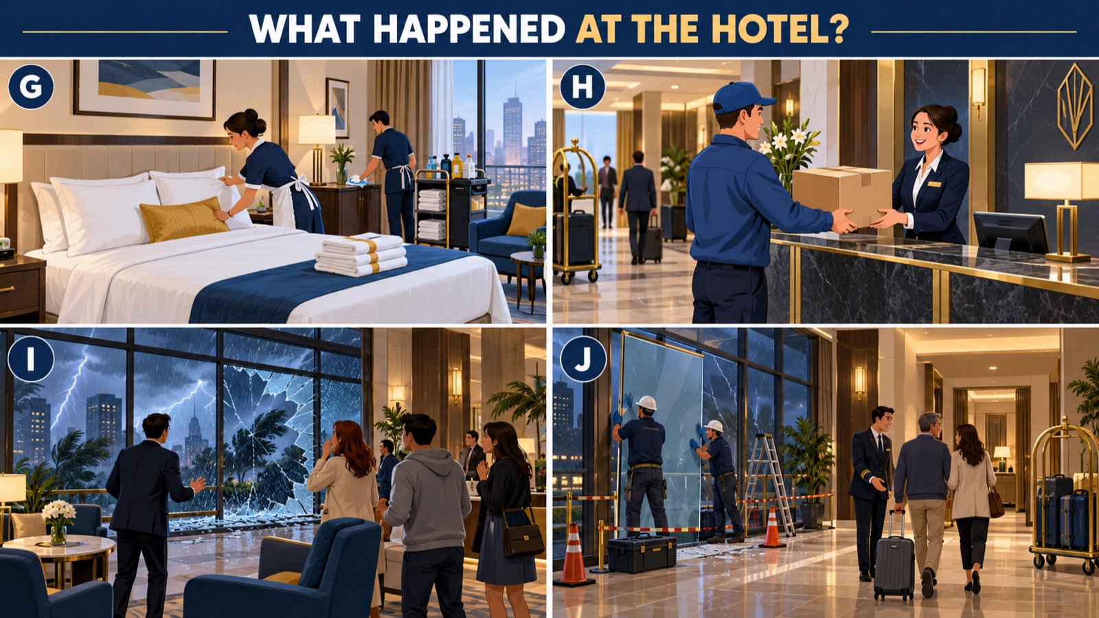 Four hotel scenes showing room preparation, a delivery, storm damage and repairs