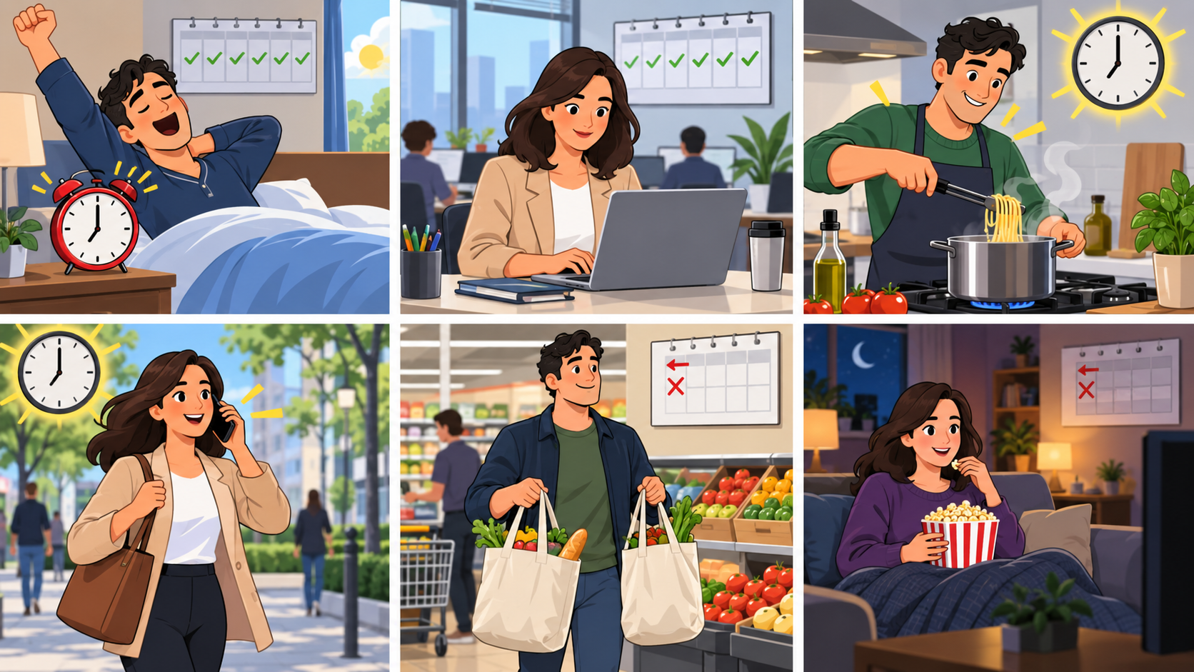 Six illustrated scenes: waking up, working on a laptop, cooking pasta, talking on the phone, shopping and watching a movie