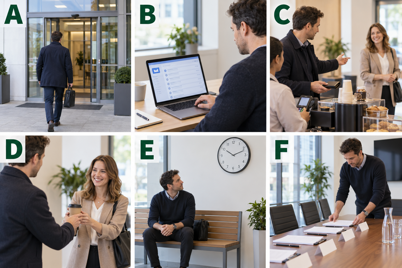 Six labeled scenes: a man going to an office, checking email, buying coffee for a coworker, giving coffee to a coworker, waiting thirty minutes and preparing meeting documents