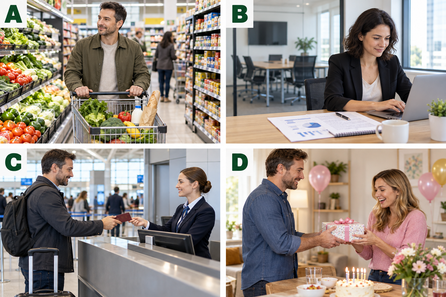 Four labeled speaking scenes: a supermarket, an office, an airport and a birthday present