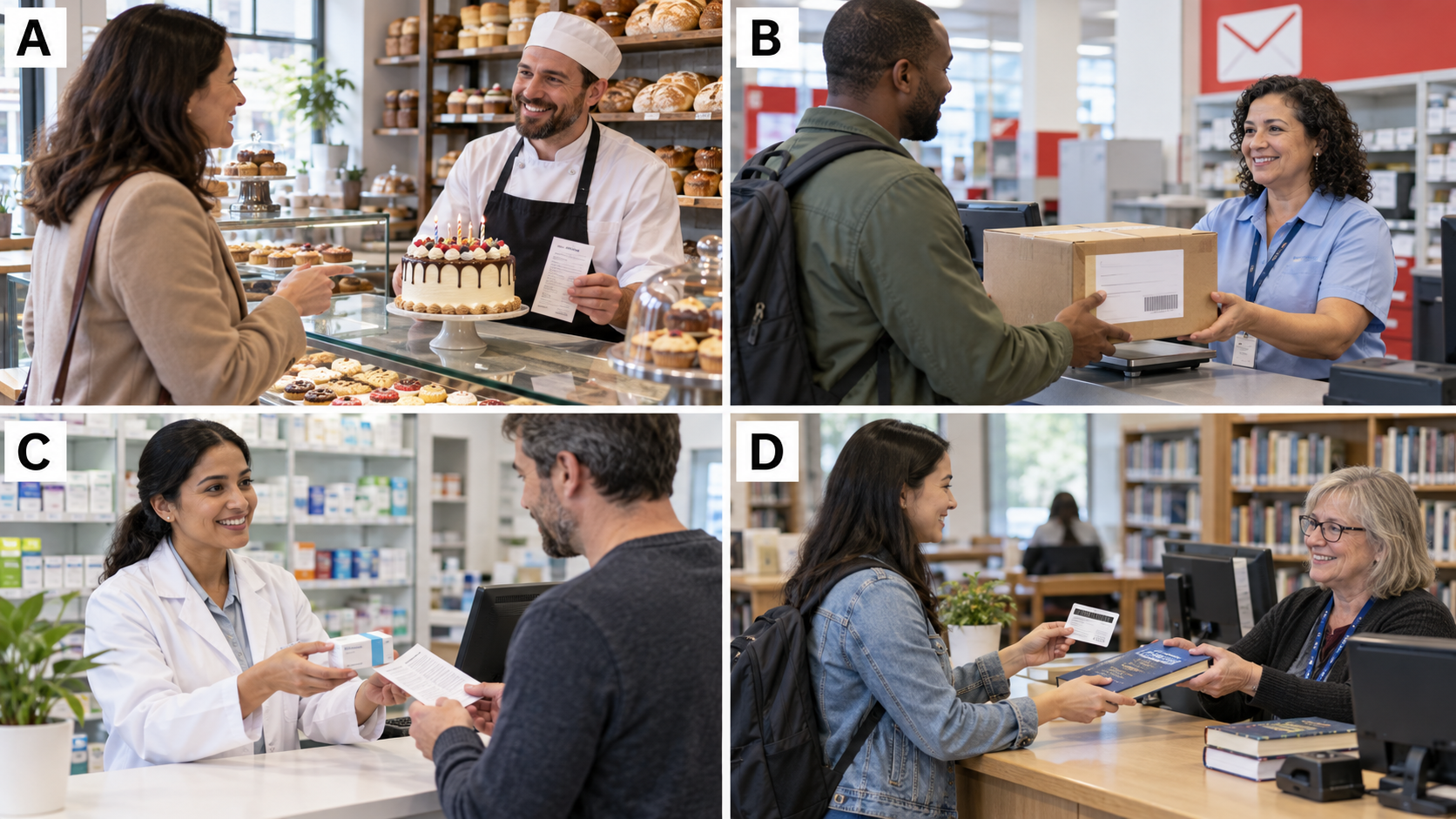 Four real-life scenes at a bakery, post office, pharmacy and library