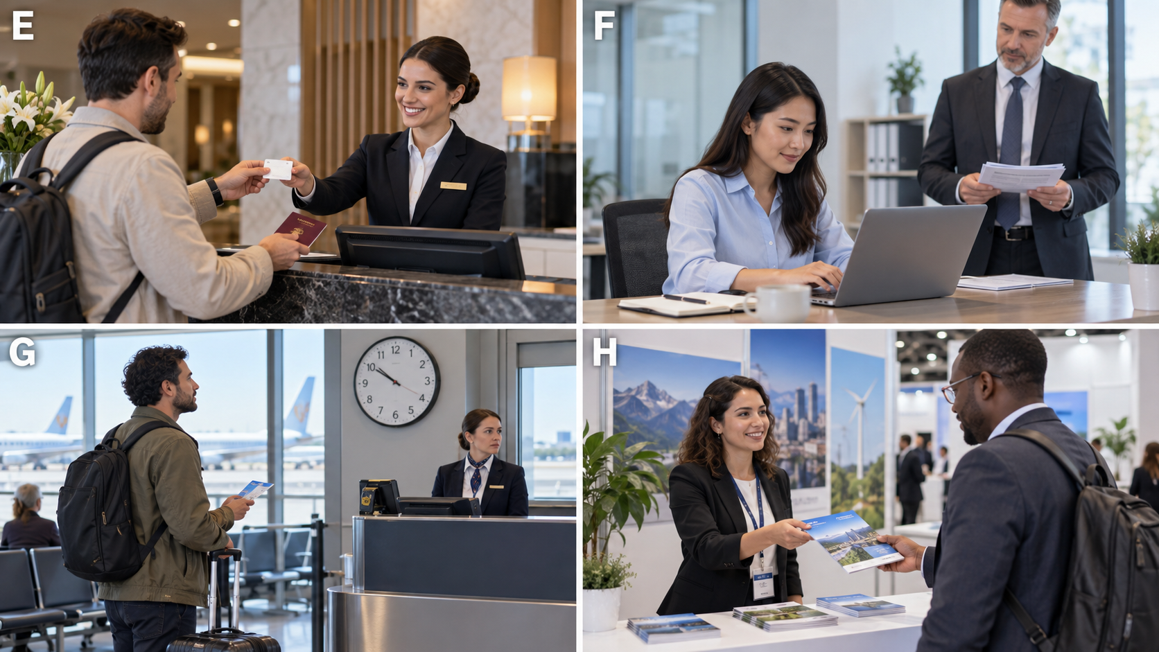 Scenes E to H: hotel, office, airport and professional exhibition