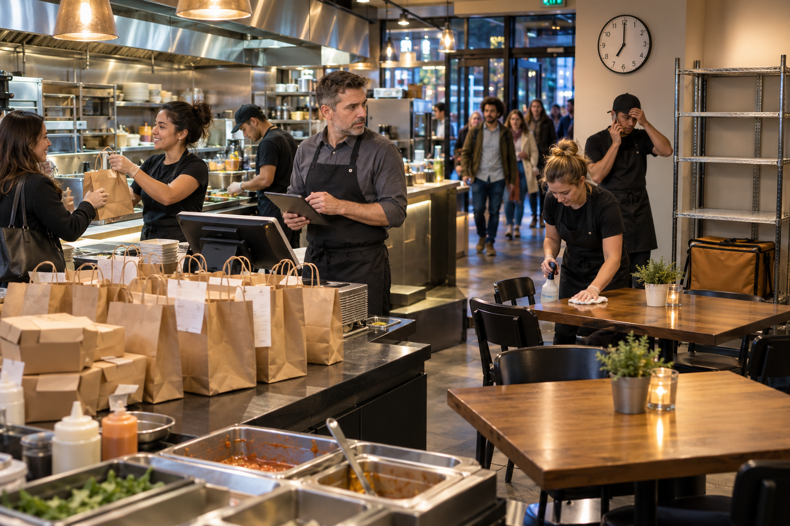 A busy restaurant during a night shift with many takeaway orders and several staff members handling problems