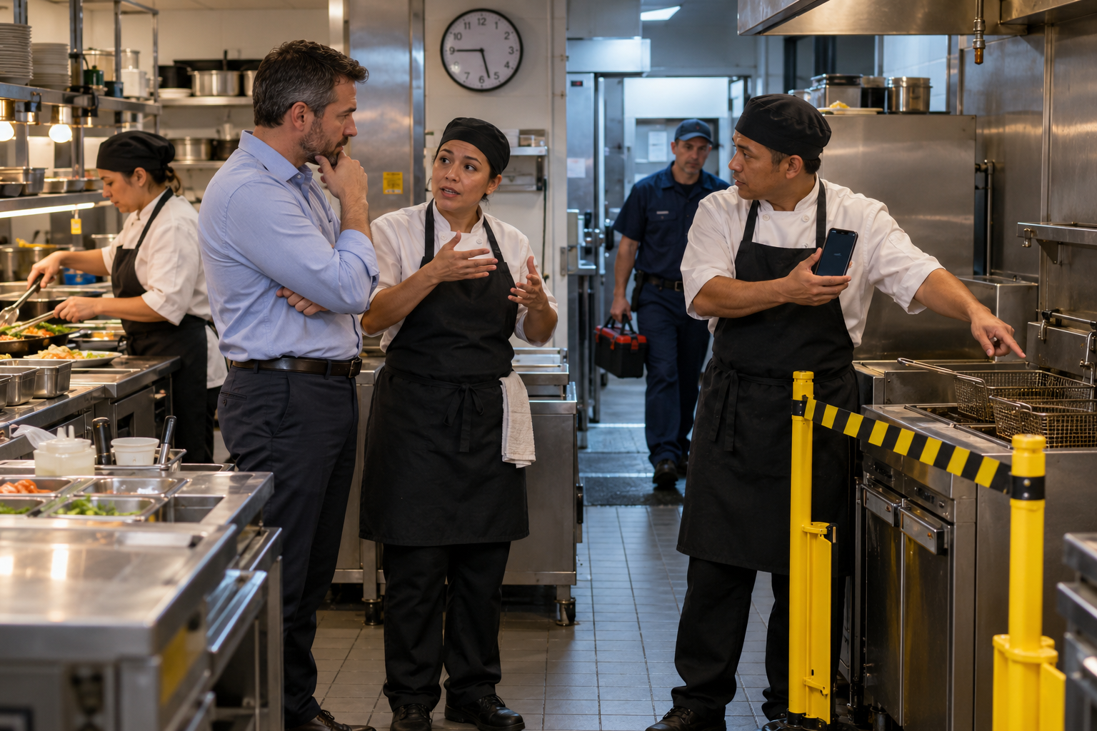 A restaurant supervisor arrives while employees explain a fryer failure and a technician enters the kitchen