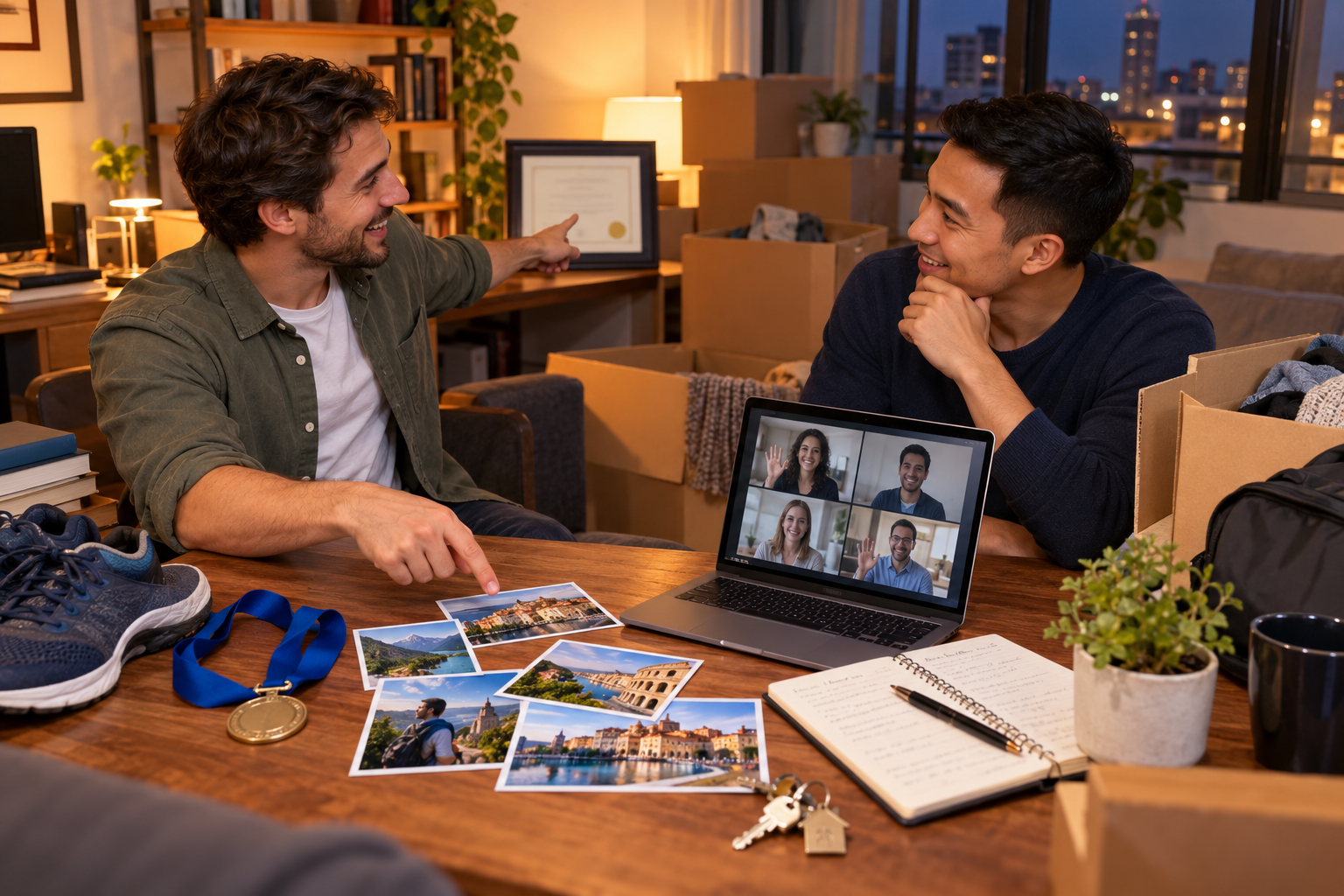 Two friends in a new apartment discussing achievements, travel photographs, a medal and moving boxes