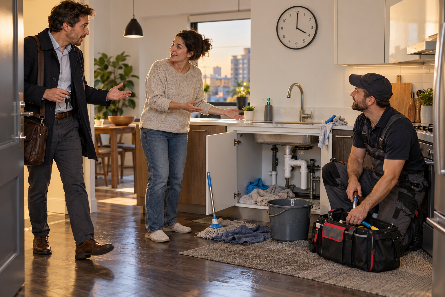 A man returns to an apartment where a plumber has repaired a kitchen leak