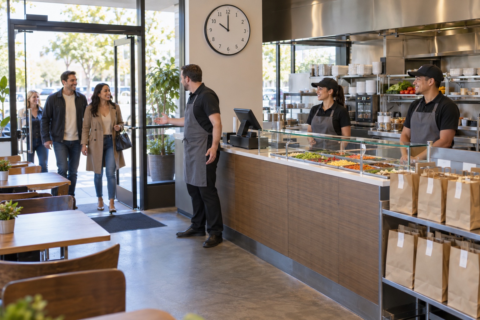 Restaurant employees welcome the first customers after preparing the restaurant