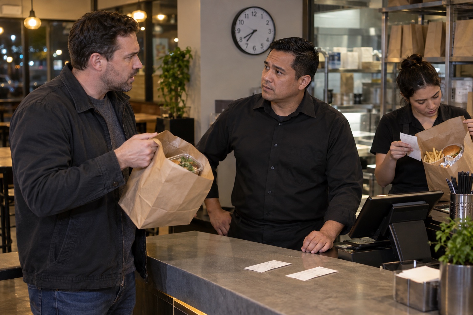 A customer shows a wrong takeout order to a restaurant supervisor