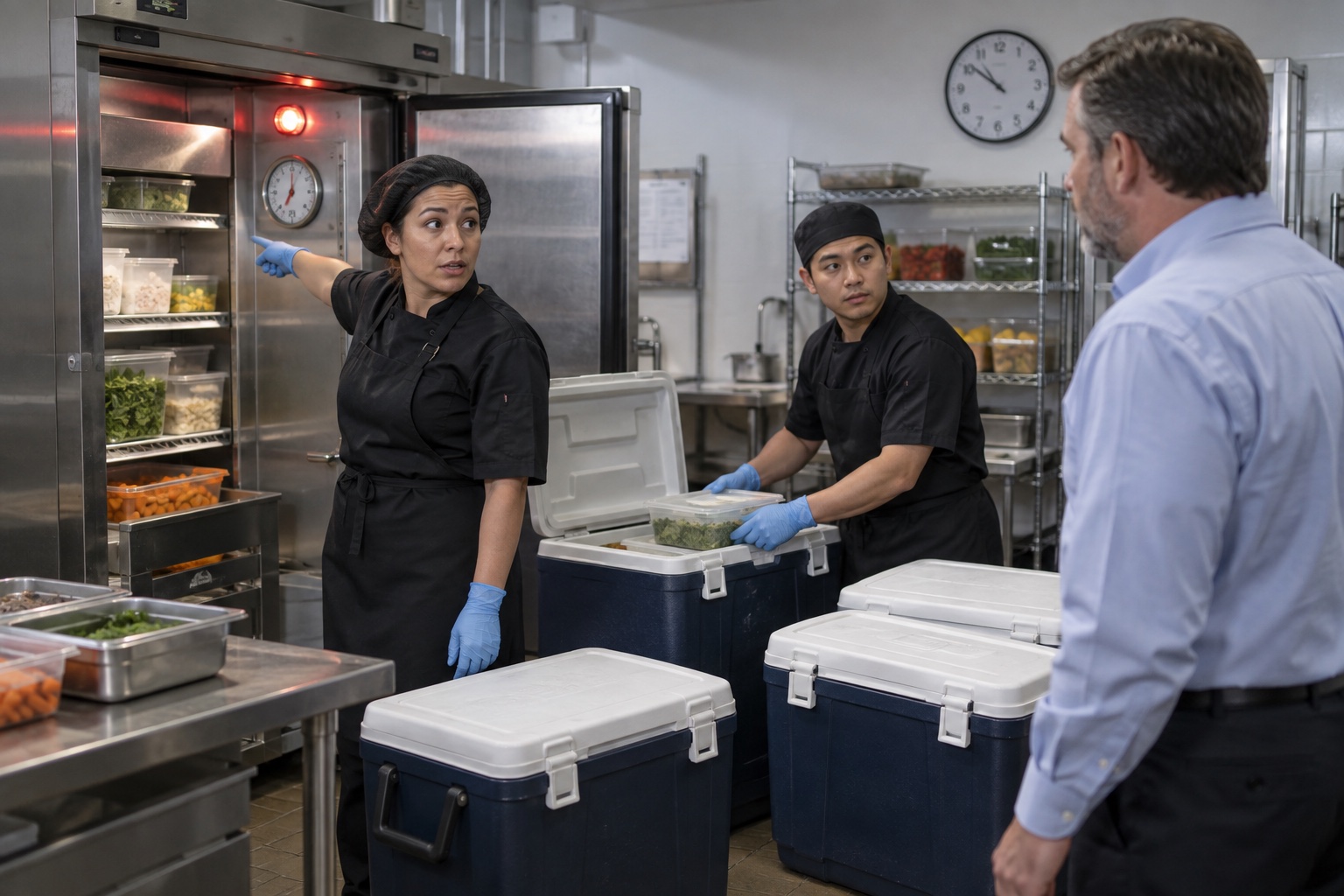 Restaurant employees move food into insulated coolers after a refrigerator problem
