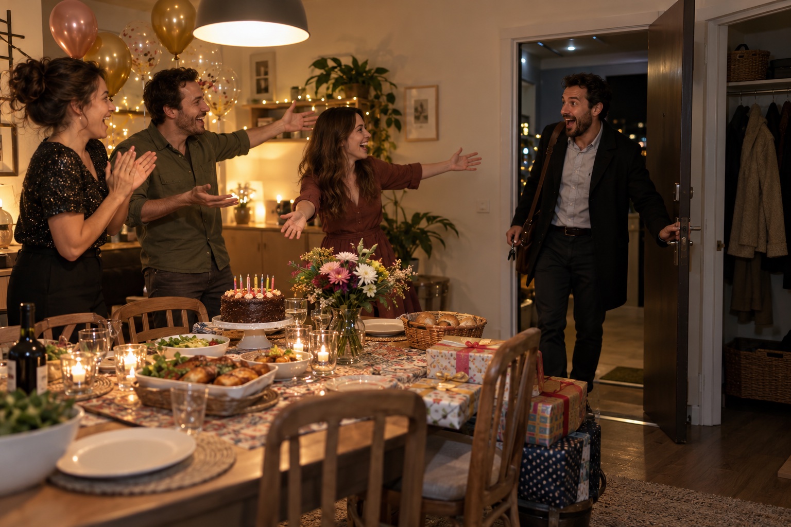 Friends surprise Daniel with dinner, decorations, gifts and a birthday cake