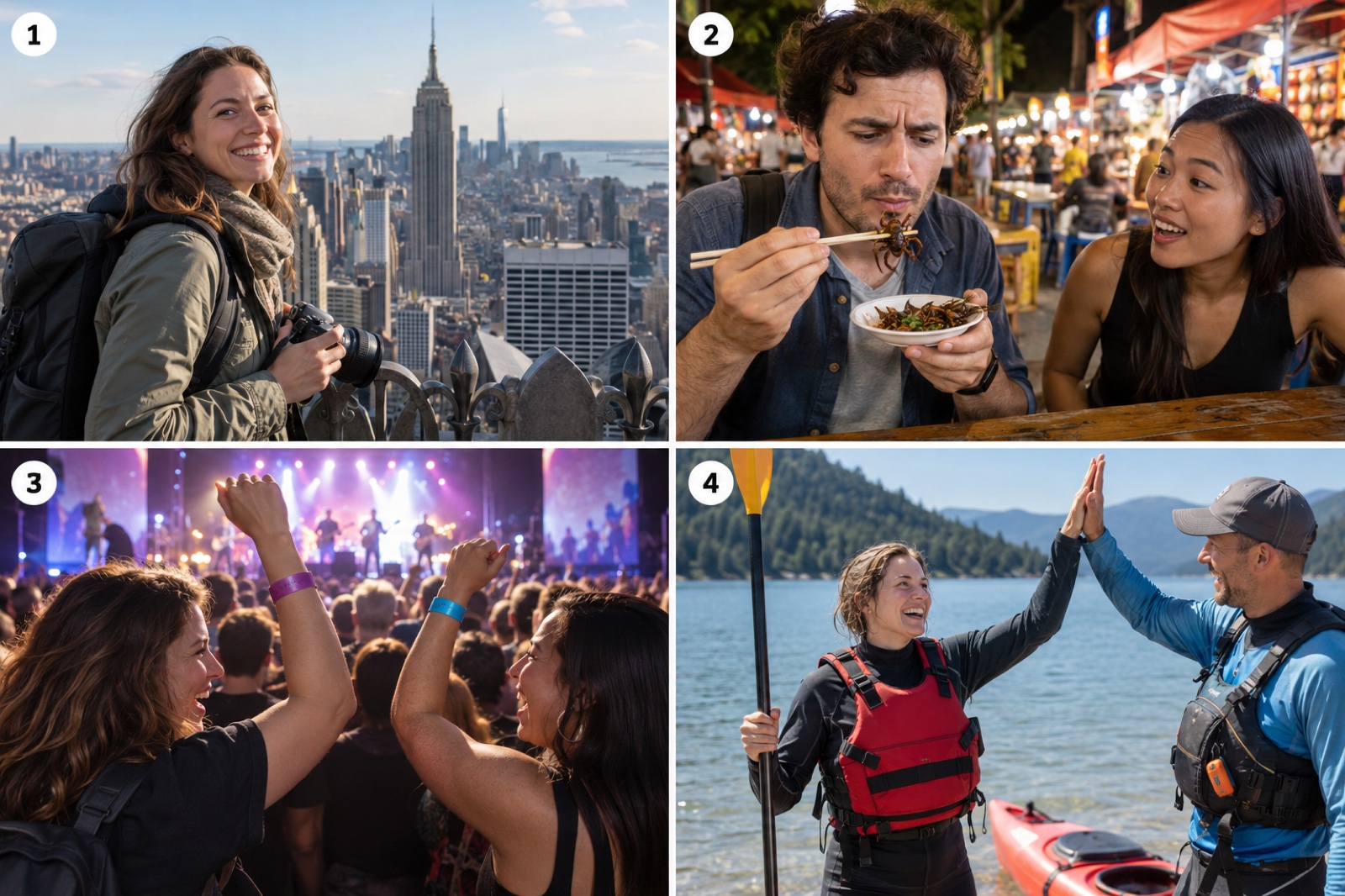 Four numbered scenes showing New York travel, unusual food, a concert and kayaking