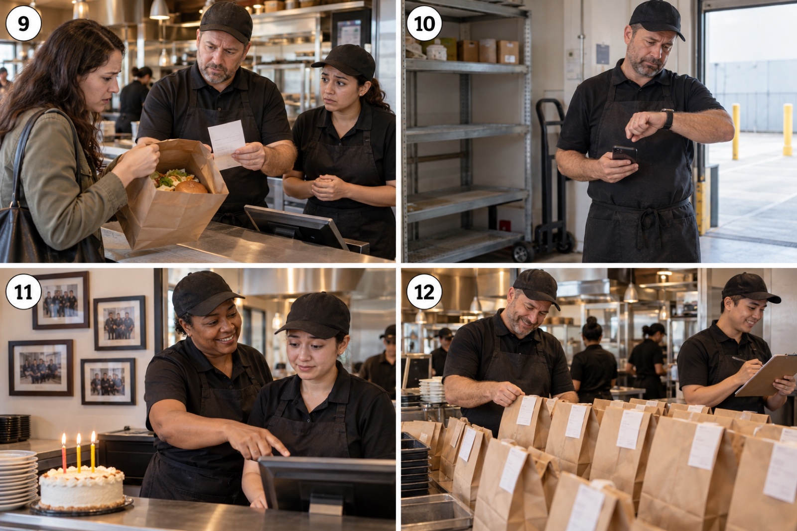 Four numbered restaurant scenes showing a wrong order, a missing delivery, training and takeout orders