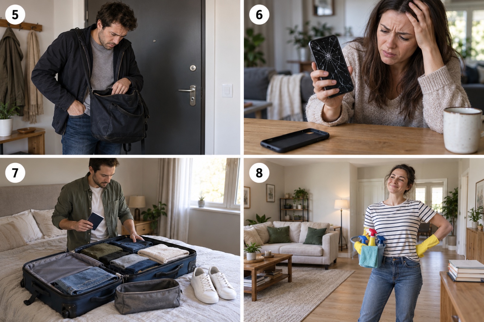 Four numbered scenes showing lost keys, a broken phone, packing and a cleaned house