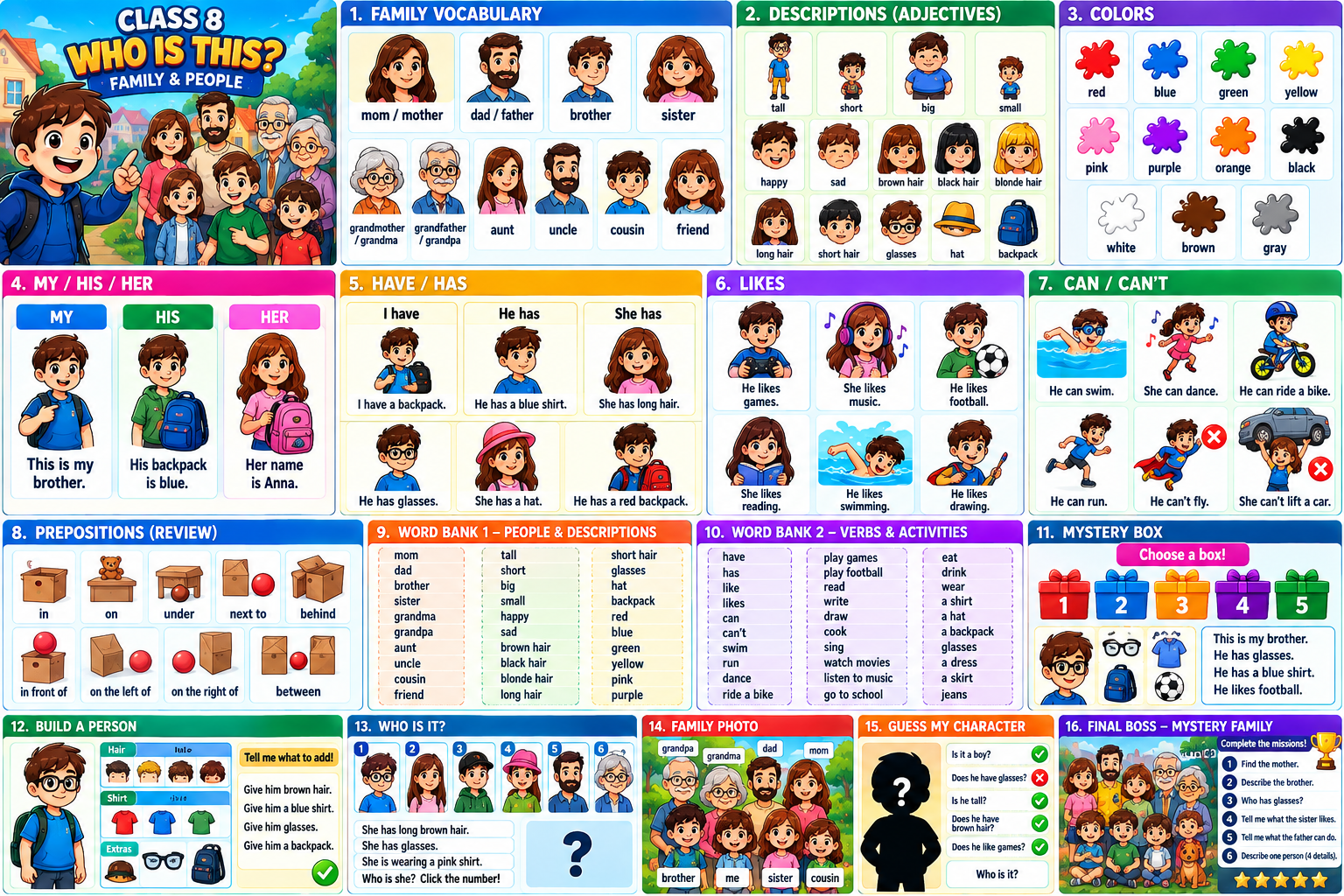 Colorful picture bank for family words, descriptions, colors, pronouns, have and has, likes, can, positions and games