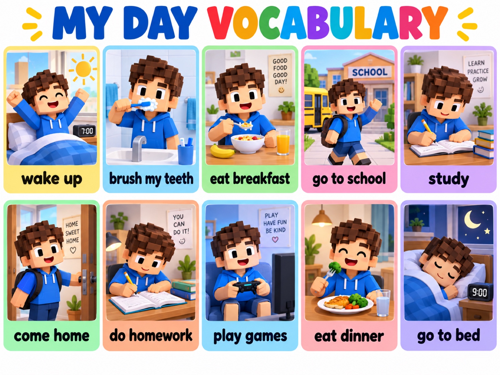 Ten daily-routine flashcards: wake up, brush my teeth, eat breakfast, go to school, study, come home, do homework, play games, eat dinner, go to bed