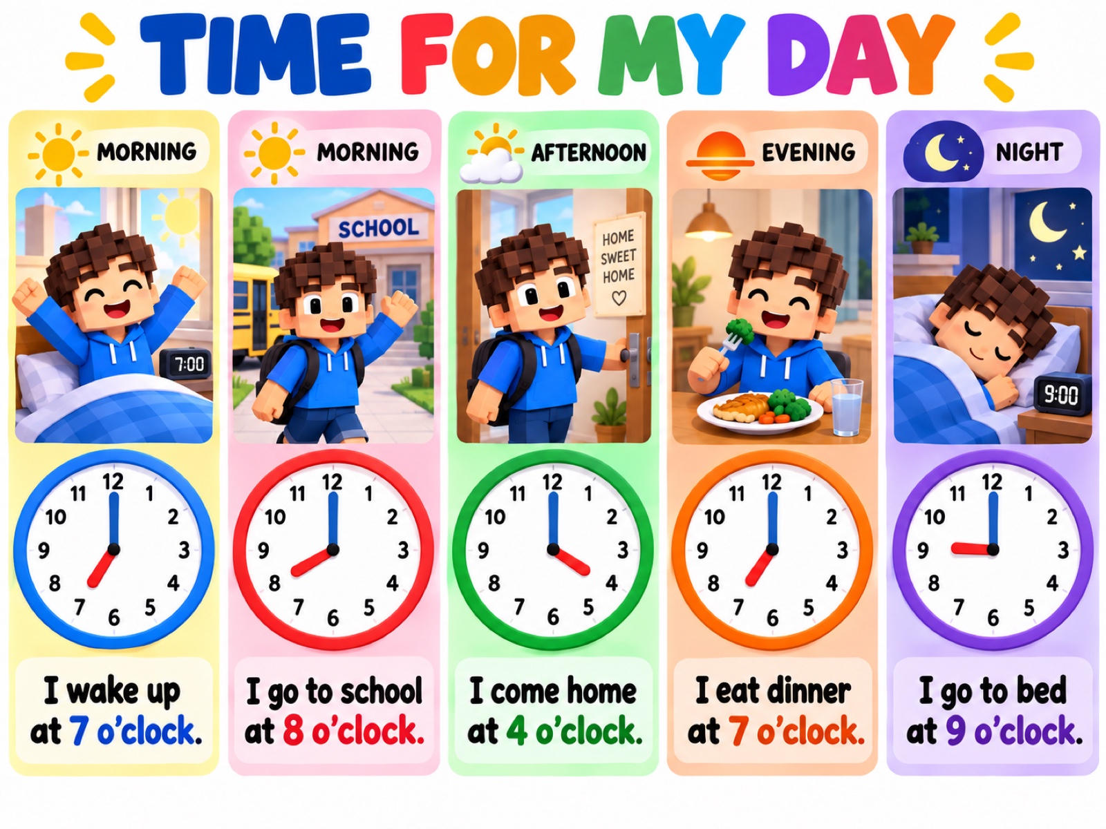 Daily activities matched with clocks showing full hours