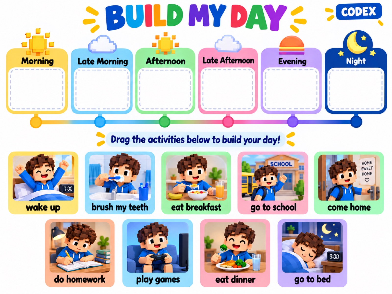 Build My Day activity board with time-of-day zones and routine cards