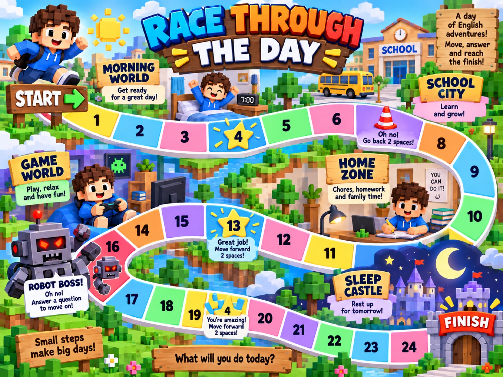 A colorful board game from Morning World to Sleep Castle