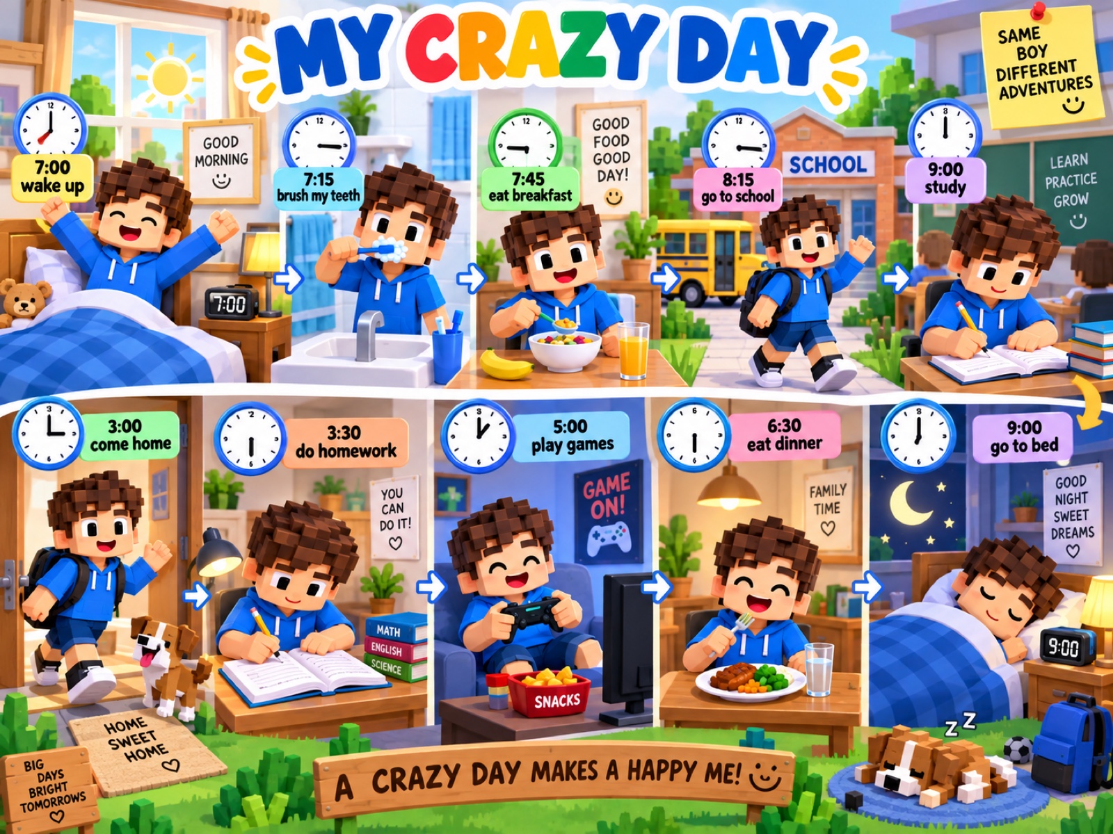 A colorful picture sequence showing a child’s daily routine