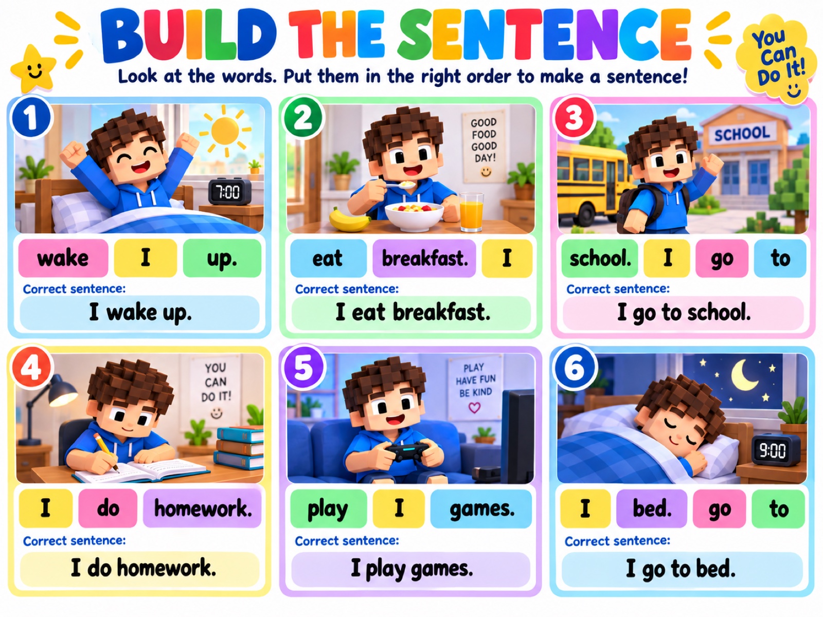 Six sentence ordering examples with daily routine pictures