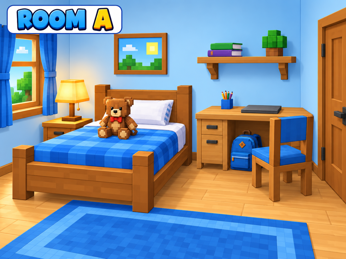 Room A with a teddy bear on the bed and a backpack under the desk