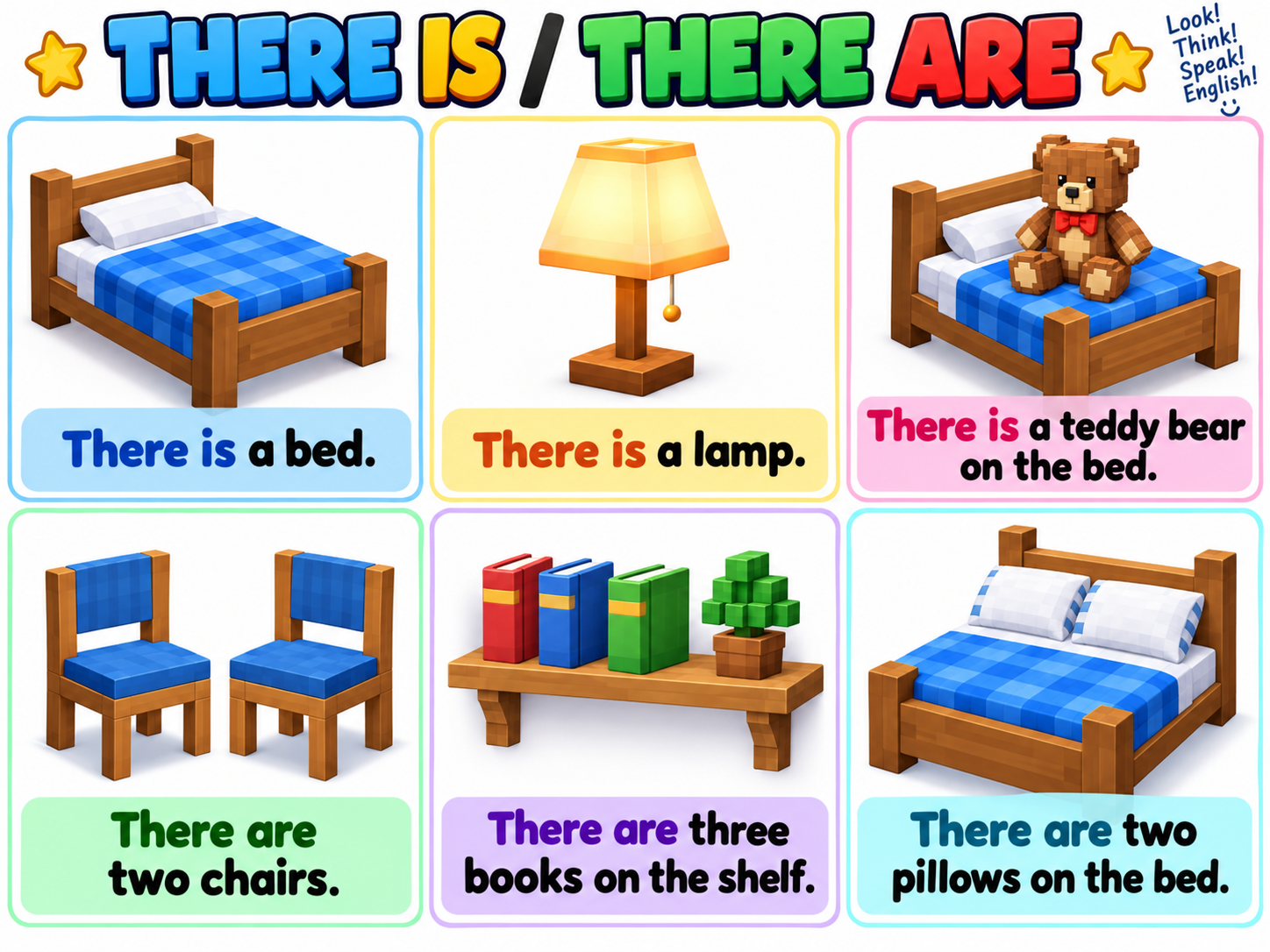 Colorful visual examples of There is and There are with bedroom objects
