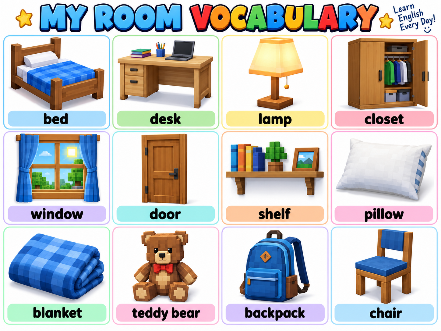 Illustrated bedroom vocabulary with bed, desk, lamp, closet, window, door, shelf, pillow, blanket, teddy bear, backpack and chair