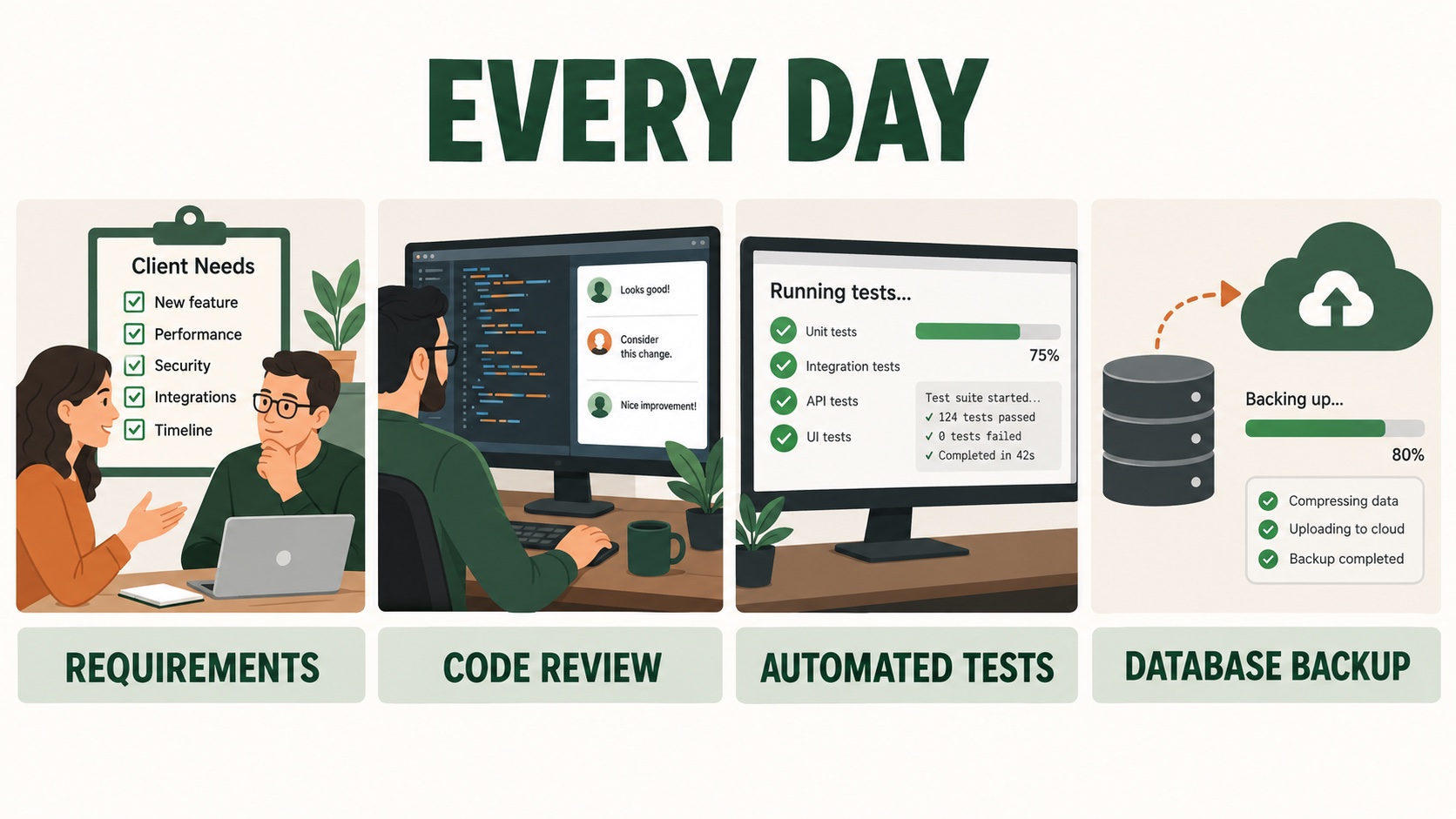 Everyday development process: requirements, code review, automated tests and database backup