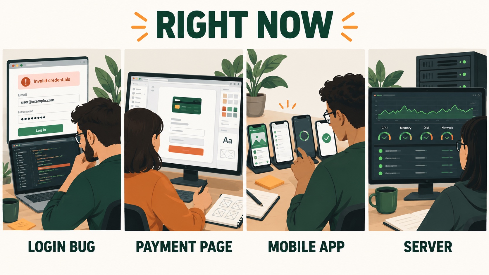 Current work on a login bug, payment page, mobile app and server
