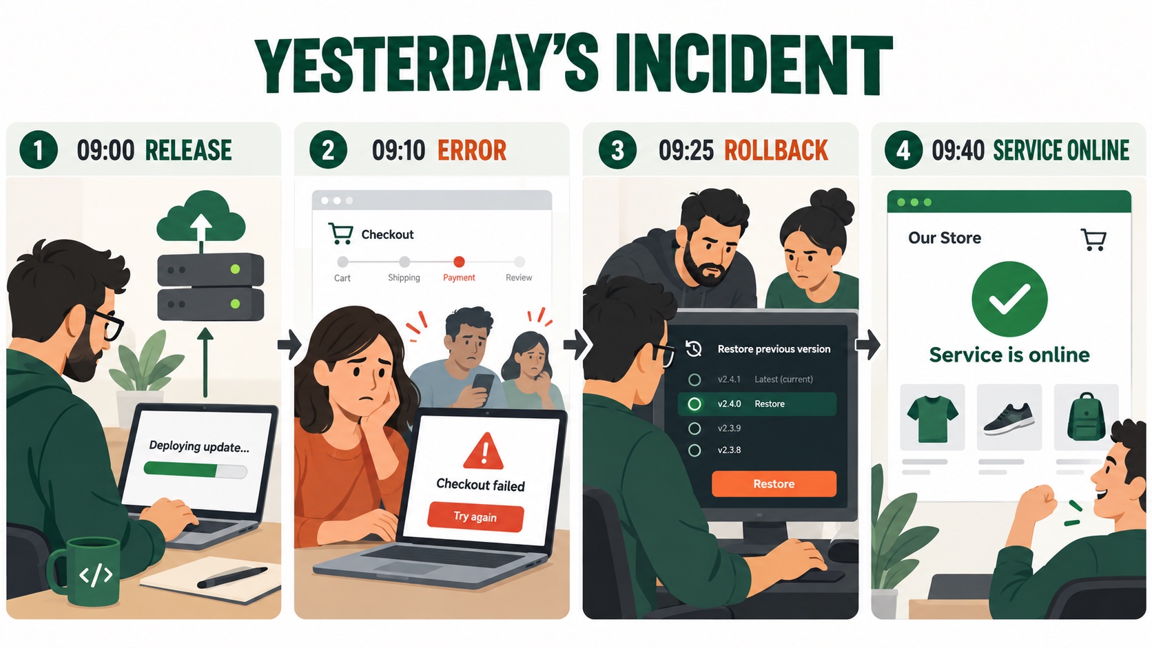 Four-stage incident: update release, checkout error, rollback and restored service
