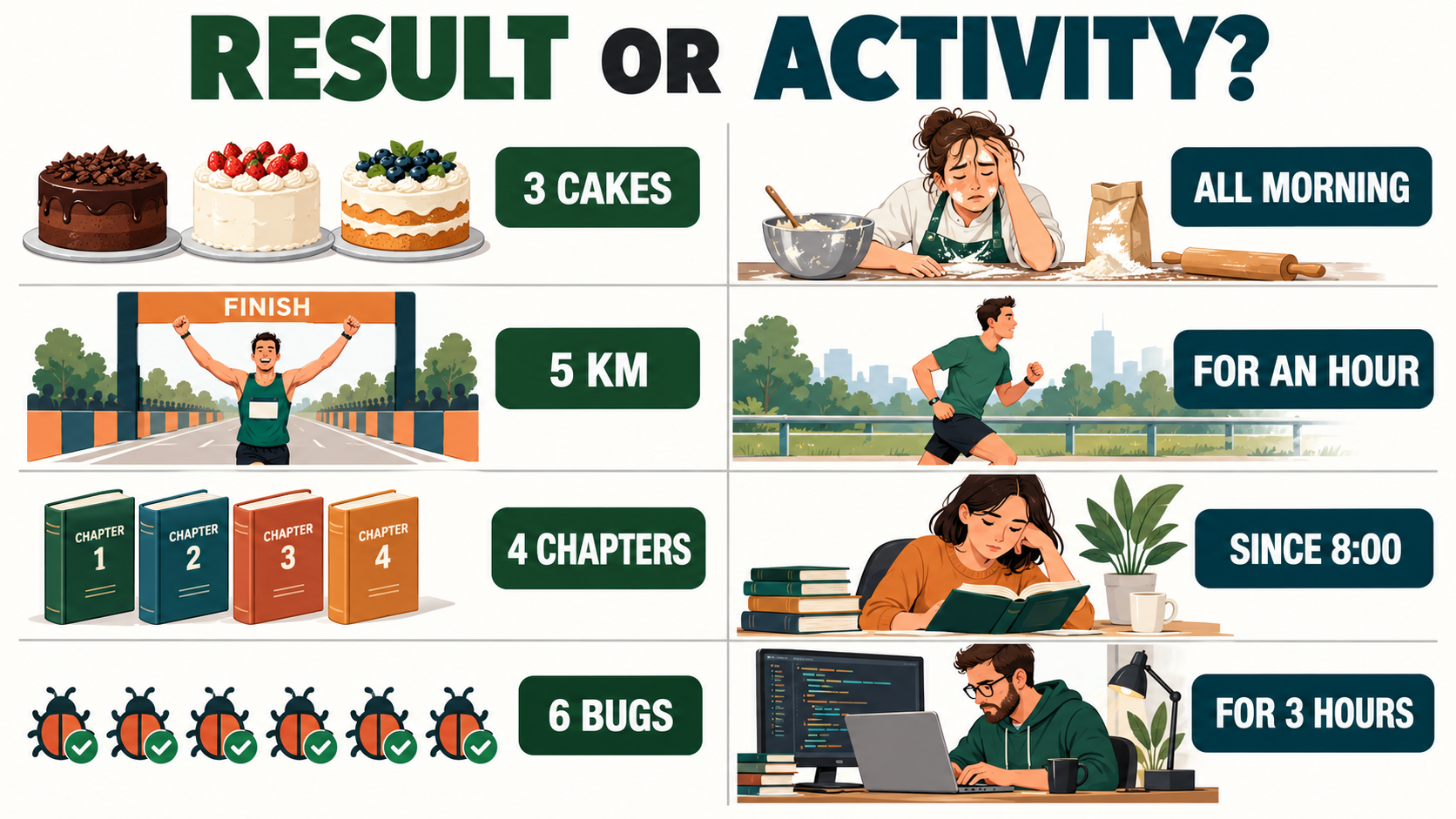 Create one result sentence and one activity sentence for each pair.