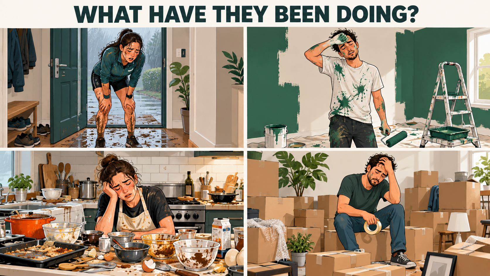 Use the visible evidence to describe what each person has been doing.