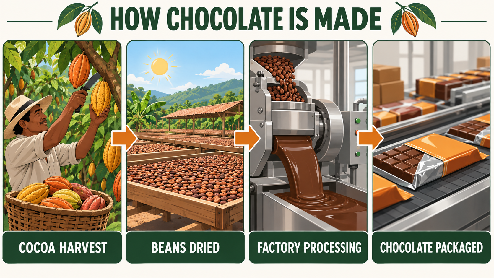 Four stages showing how chocolate is made