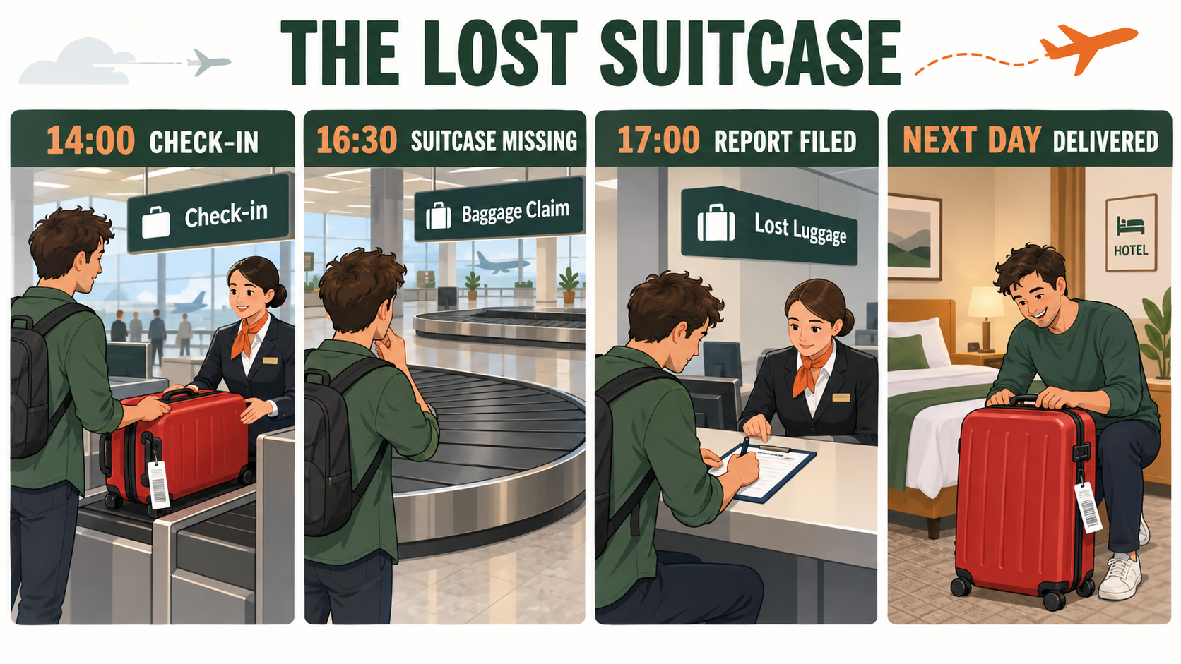 Timeline of a lost suitcase at an airport