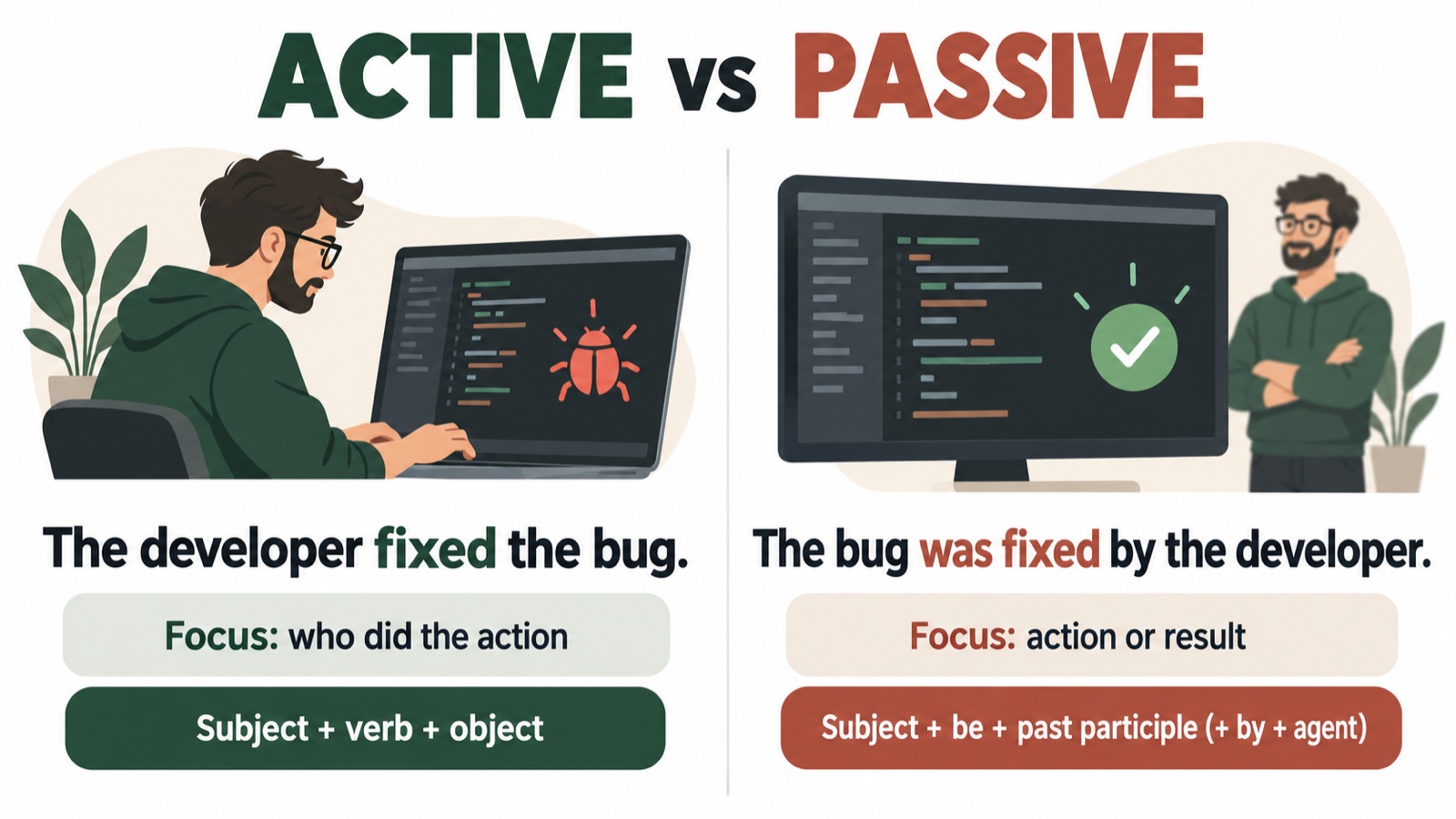 Active and passive sentences about fixing a software bug