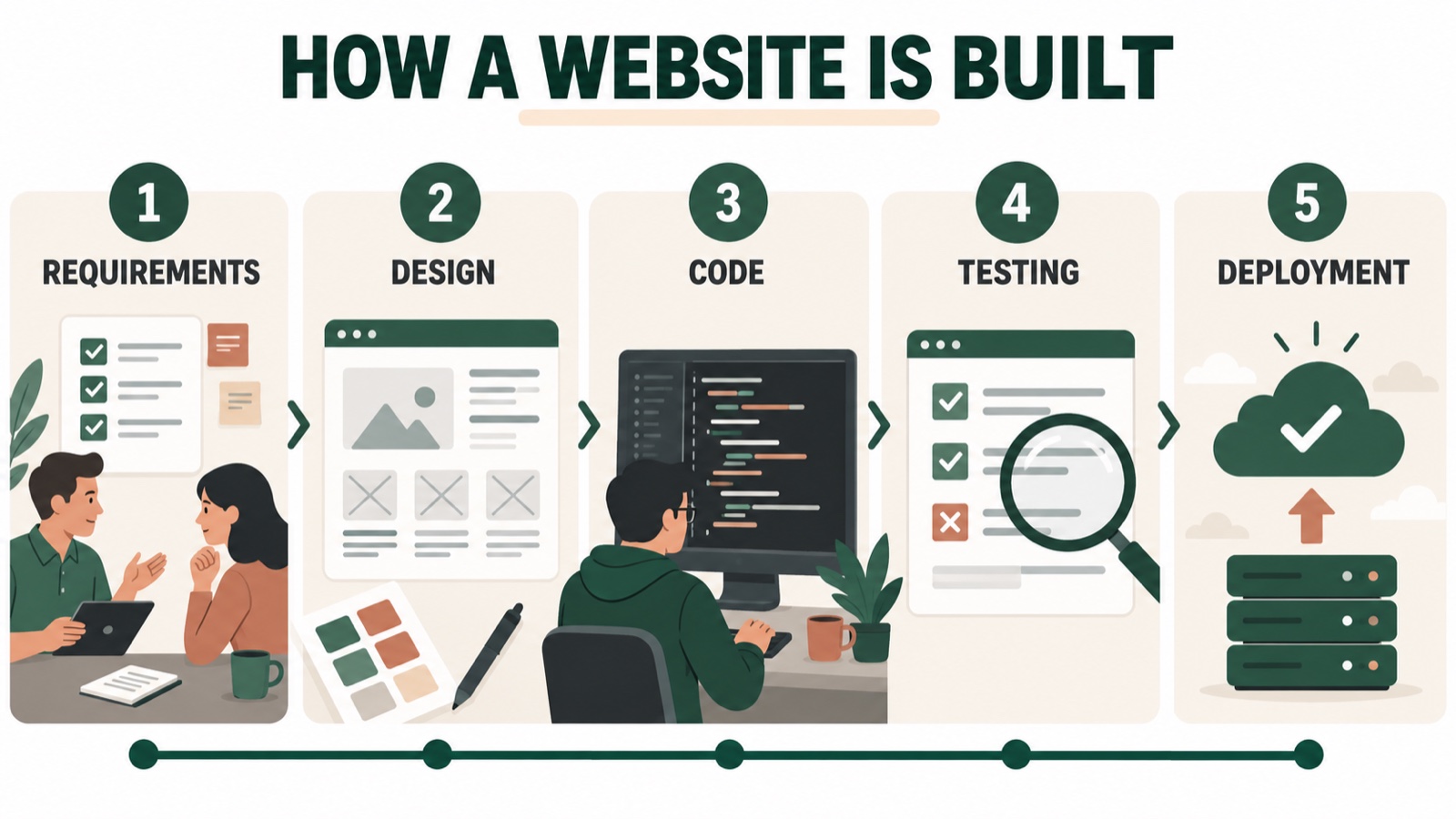 Five stages showing how a website is built