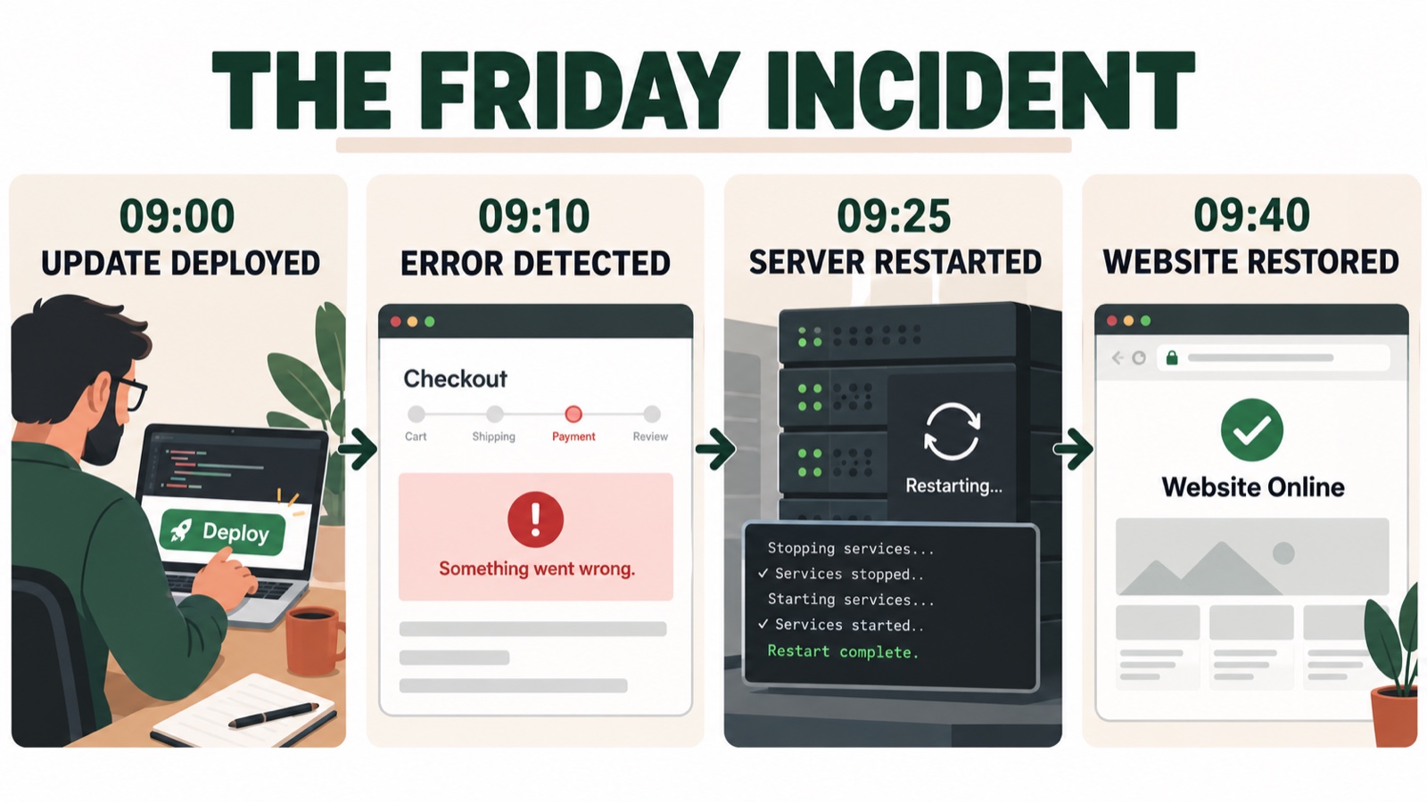A four-step timeline of a technical incident on Friday