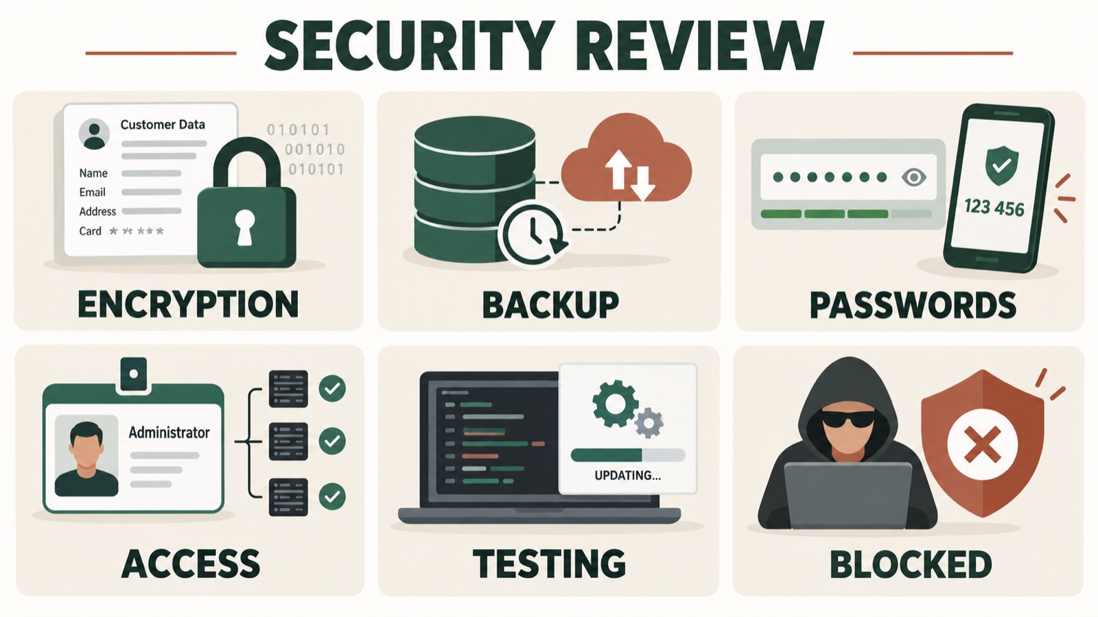 Security review showing encryption, backup, passwords, access, testing and blocked attacks