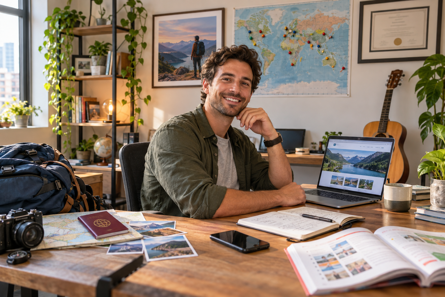 A smiling web developer surrounded by travel photos, a world map, a certificate, guitar, camera and study materials