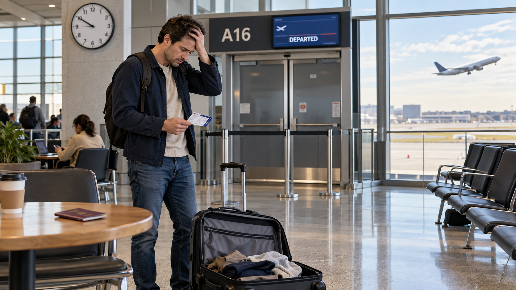 A worried traveller at airport gate A16 after the flight has departed; his suitcase is open