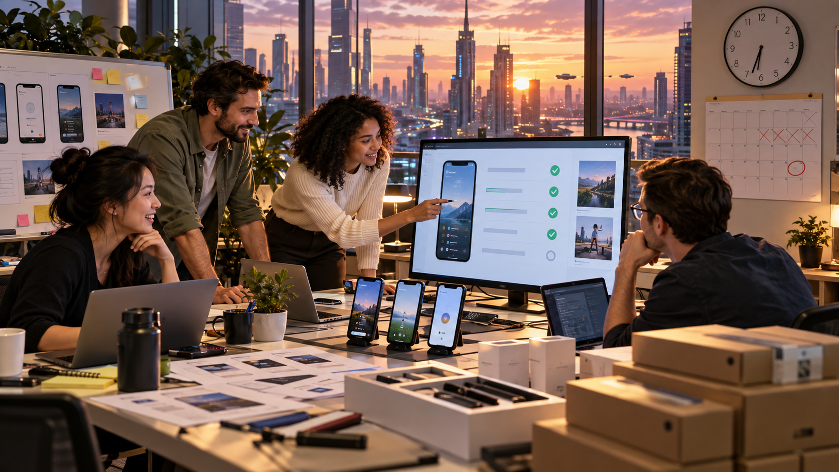 A software team checks phones, a launch checklist and packages before an evening app release