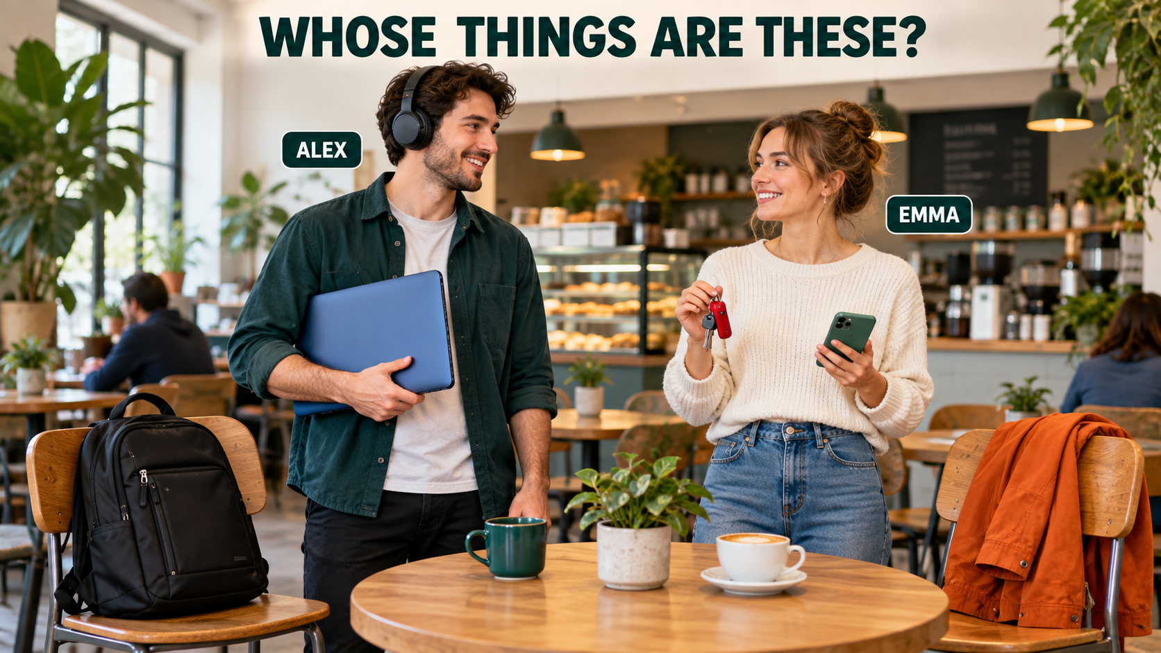 Alex and Emma in a café with a laptop, keys, phones, backpack and jacket