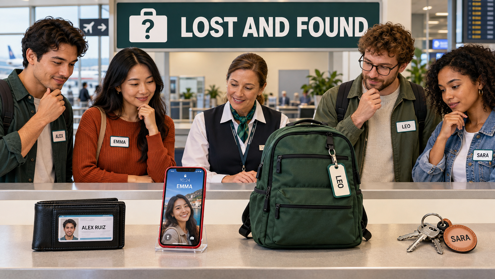 Airport lost-and-found counter with Alex’s wallet, Emma’s phone, Leo’s backpack and Sara’s keys